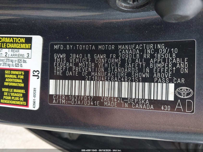 2010 TOYOTA COROLLA SEDAN 1.8L I-4 DOHC, VVT, 132HP