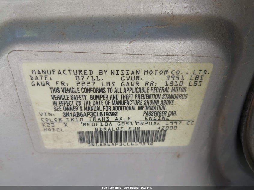 NISSAN SENTRA 2012 VIN 3N1AB6AP3CL619392