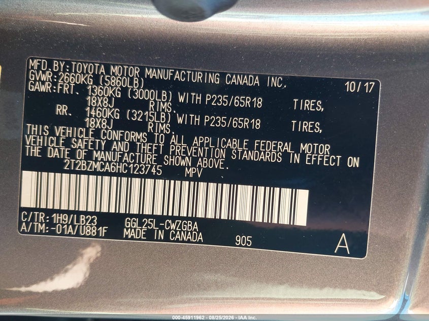 LEXUS RX 350 2017 VIN 2T2BZMCA6HC123745