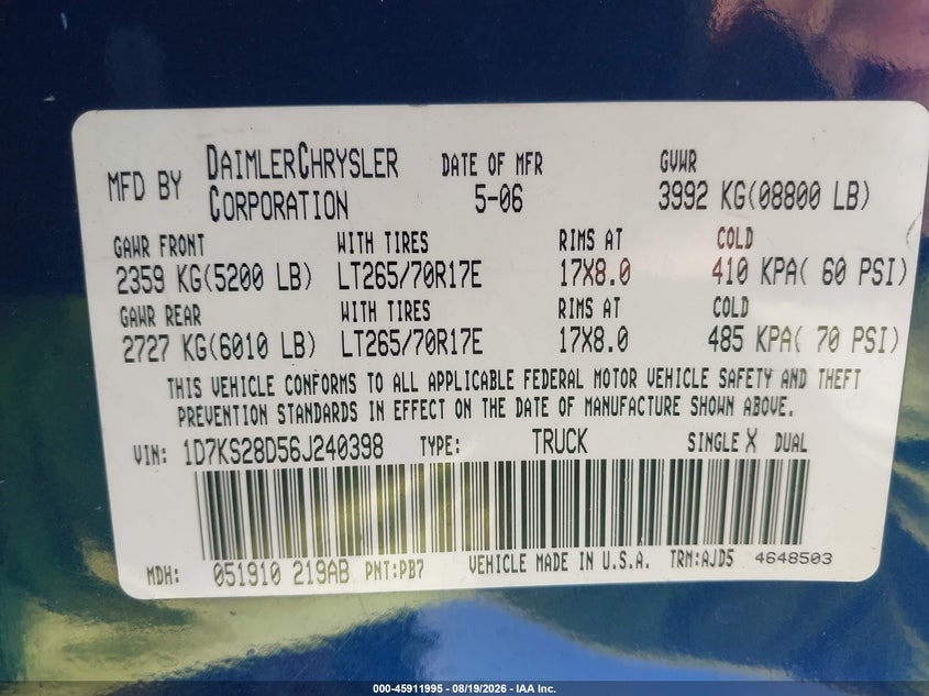 DODGE RAM 2500 2006 VIN 1D7KS28D56J240398