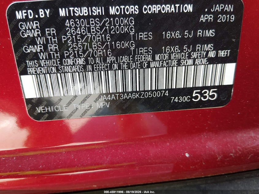 MITSUBISHI ECLIPSE CROSS 2019 VIN JA4AT3AA6KZ050074