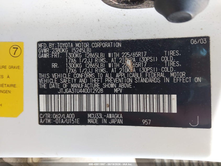 LEXUS RX 330 2004 VIN JTJGA31U440012928