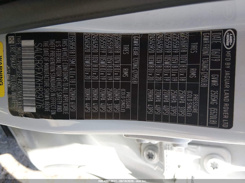 LAND-ROVER DISCOVERY SPORT 2019 VIN SALCR2FX7KH829776