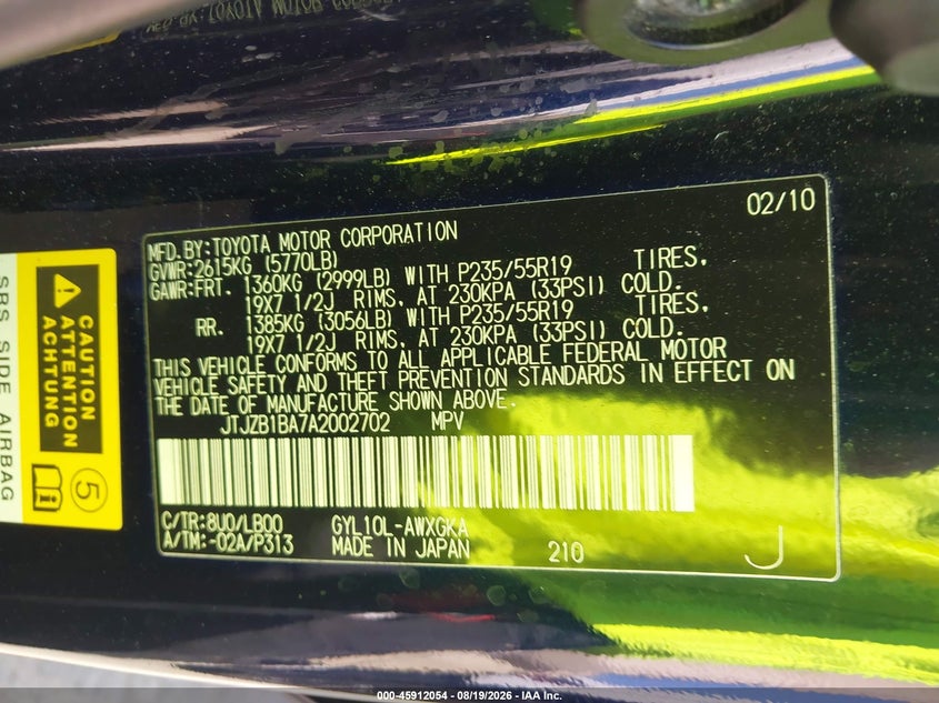 LEXUS RX 450H 2010 VIN JTJZB1BA7A2002702