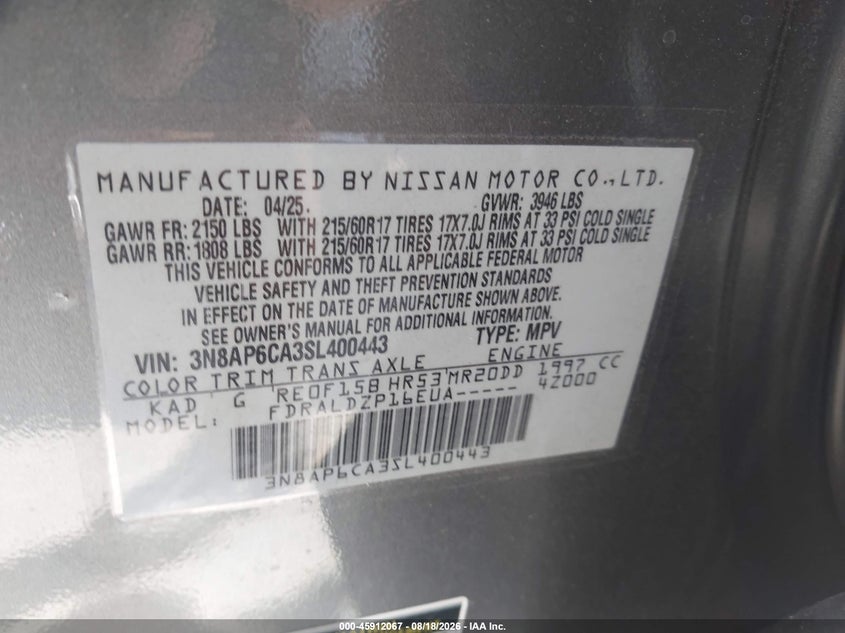 NISSAN KICKS 2025 VIN 3N8AP6CA3SL400443