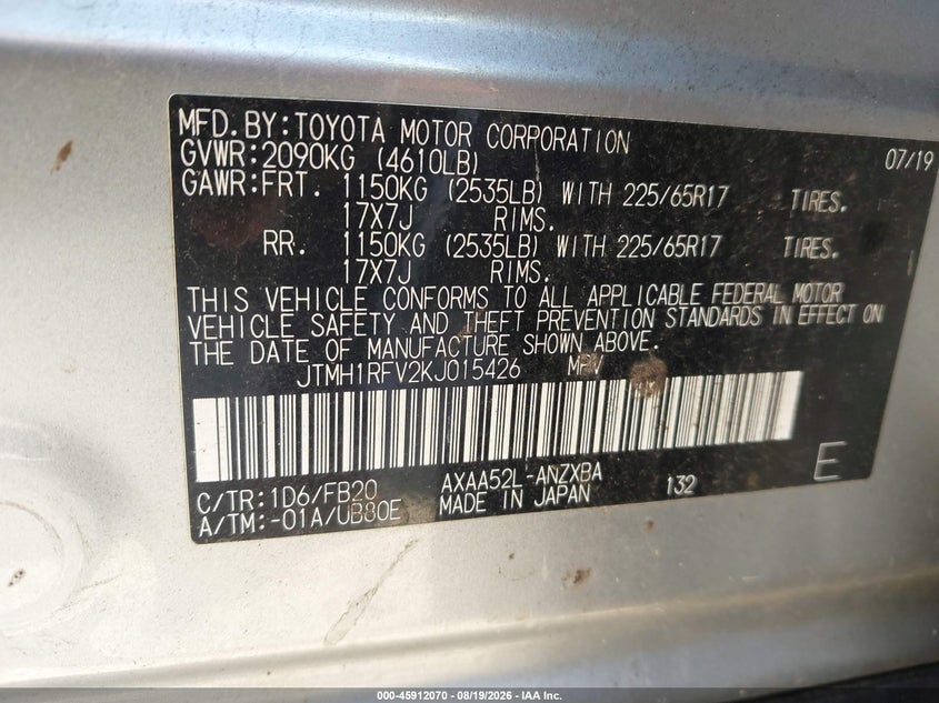 TOYOTA RAV4 2019 VIN JTMH1RFV2KJ015426