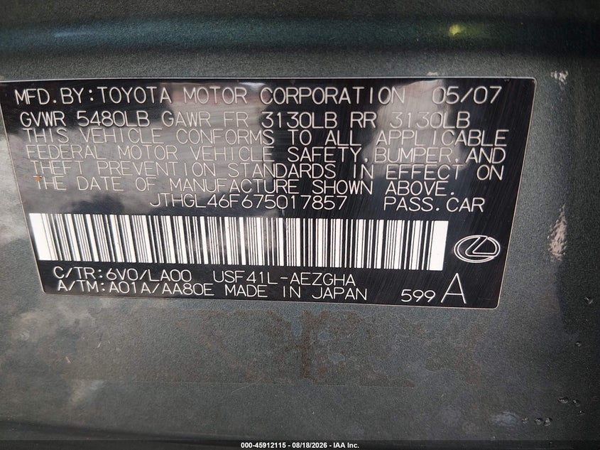 LEXUS LS 460 2007 VIN JTHGL46F675017857