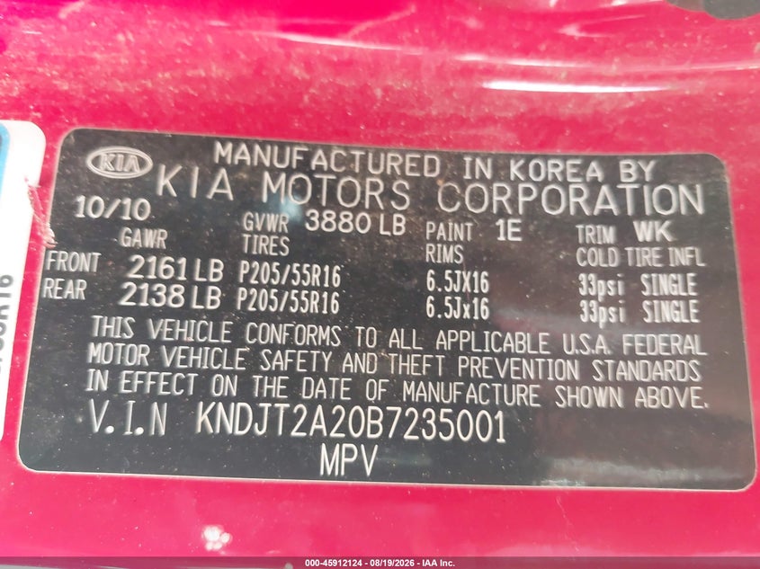 KIA SOUL 2011 VIN KNDJT2A20B7235001