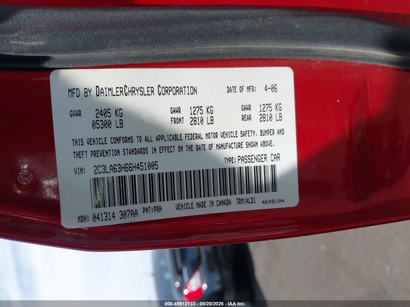 CHRYSLER 300C 2006 VIN 2C3LA63H66H451005