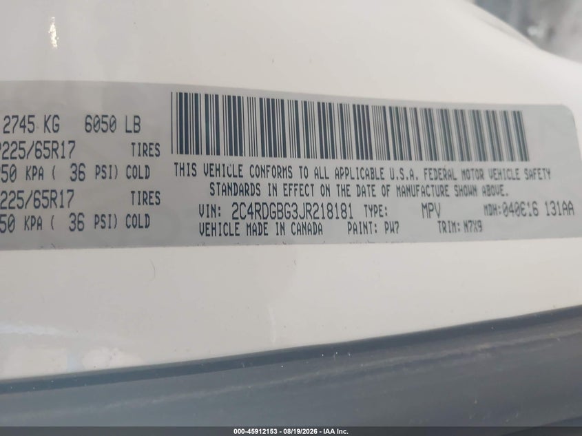 DODGE GRAND CARAVAN 2018 VIN 2C4RDGBG3JR218181