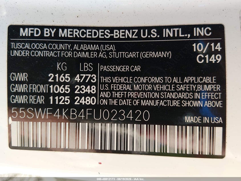 MERCEDES-BENZ C 300 2015 VIN 55SWF4KB4FU023420