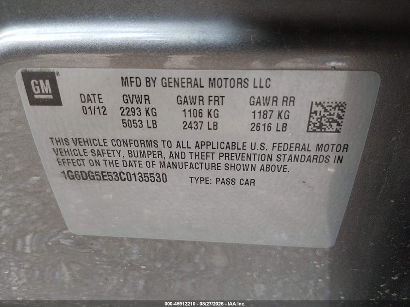 CADILLAC CTS 2012 VIN 1G6DG5E53C0135530