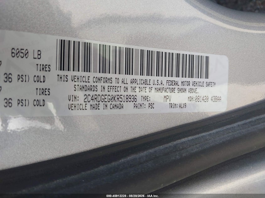 DODGE GRAND CARAVAN 2019 VIN 2C4RDGEG0KR518936