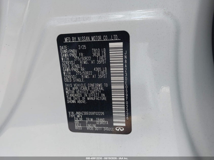 INFINITI QX80 2025 VIN JN8AZ3DE0S9702226