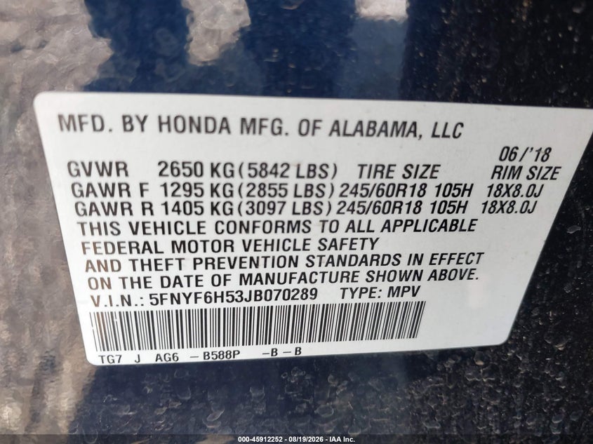 HONDA PILOT 2018 VIN 5FNYF6H53JB070289