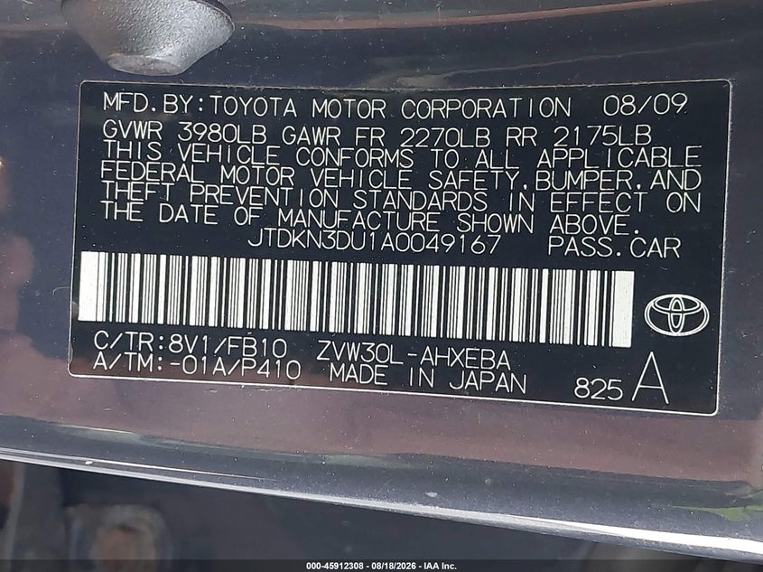 TOYOTA PRIUS 2010 VIN JTDKN3DU1A0049167