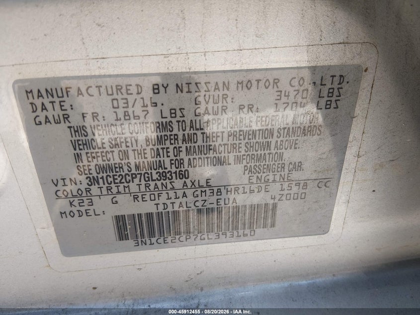 NISSAN VERSA NOTE 2016 VIN 3N1CE2CP7GL393160
