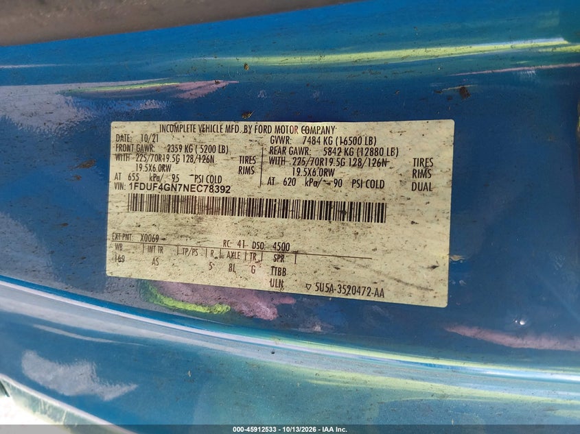 FORD F450 2022 VIN 1FDUF4GN7NEC78392