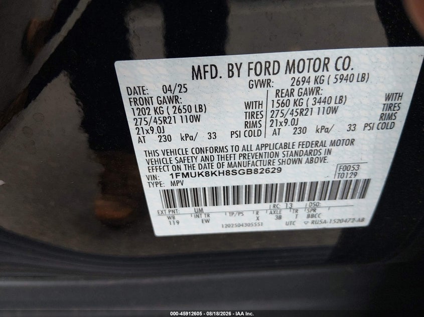 FORD EXPLORER 2025 VIN 1FMUK8KH8SGB82629