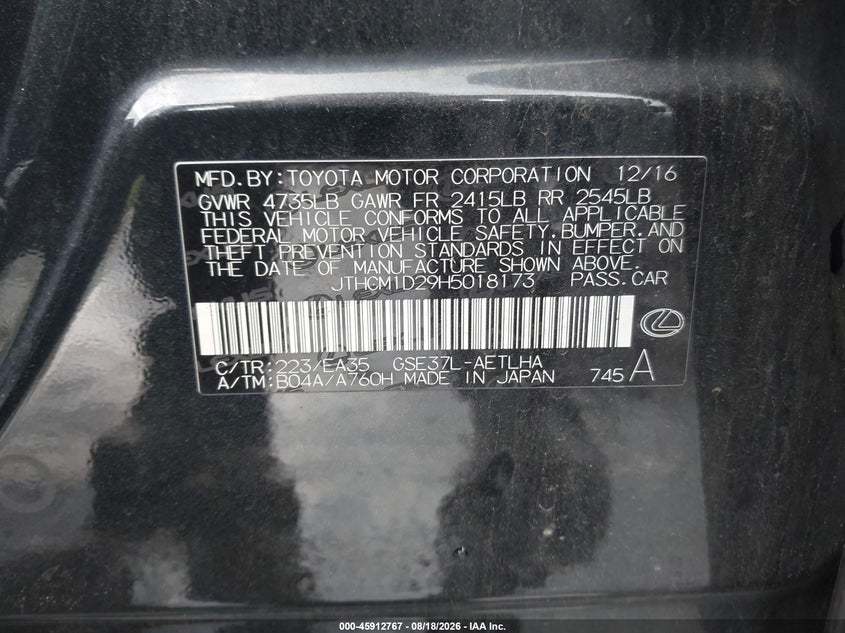 LEXUS IS 300 2017 VIN JTHCM1D29H5018173