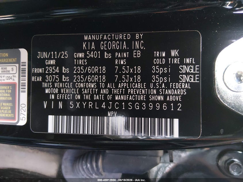 KIA SORENTO 2025 VIN 5XYRL4JC1SG399612