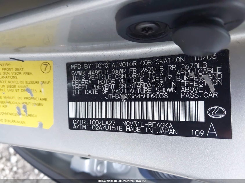 LEXUS ES 330 2004 VIN JTHBA30G845009038