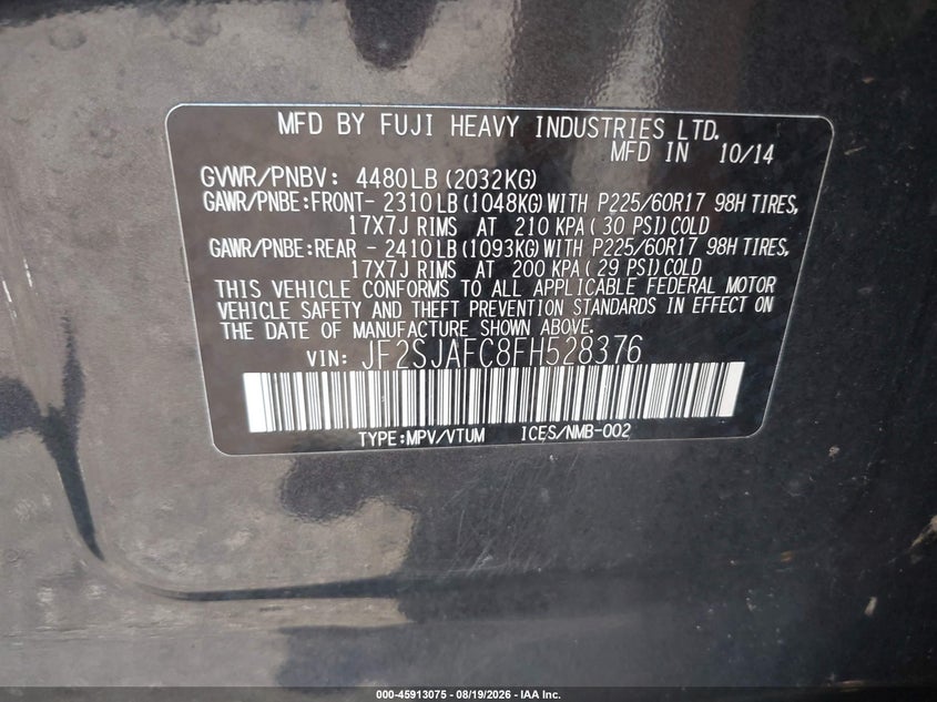 SUBARU FORESTER 2015 VIN JF2SJAFC8FH528376