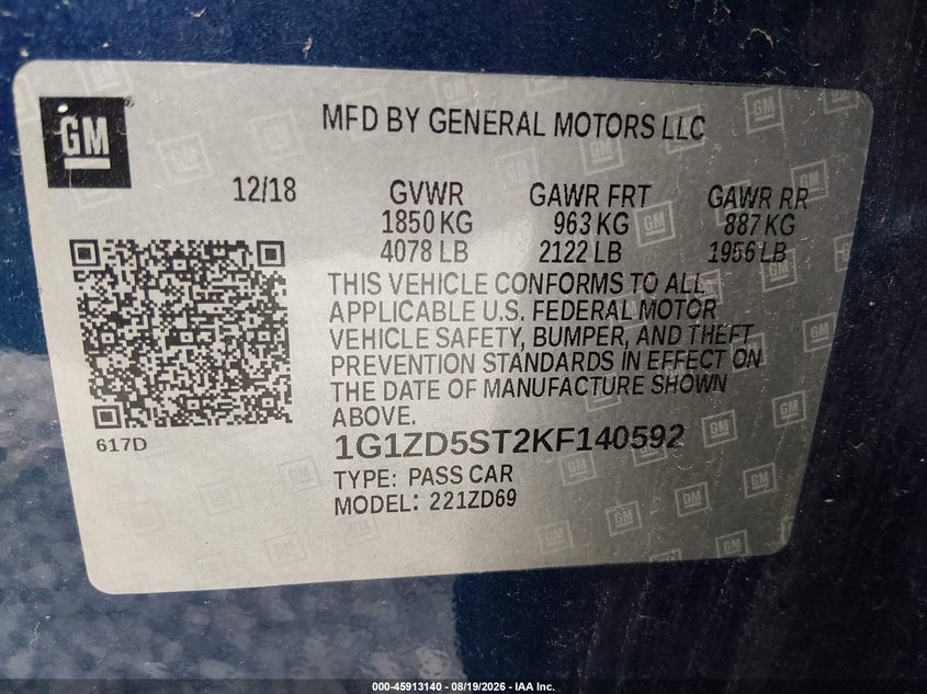 CHEVROLET MALIBU 2019 VIN 1G1ZD5ST2KF140592