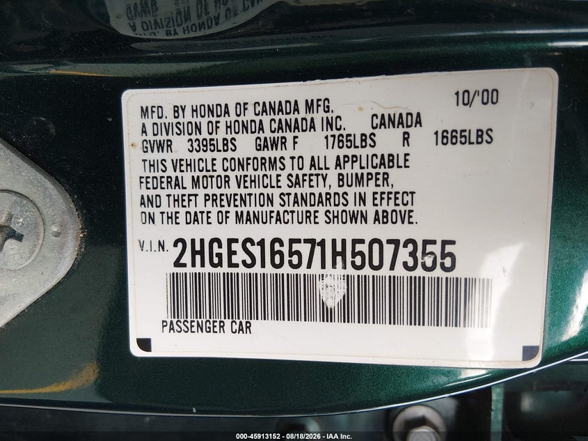 2001 HONDA CIVIC SEDAN 1.7L I-4 115HP