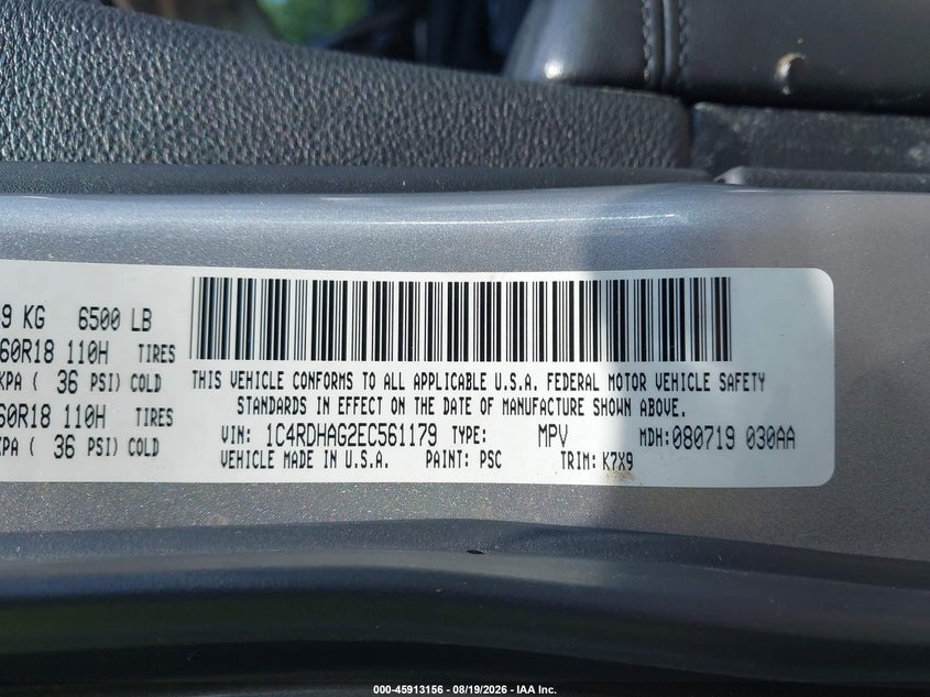 DODGE DURANGO 2014 VIN 1C4RDHAG2EC561179