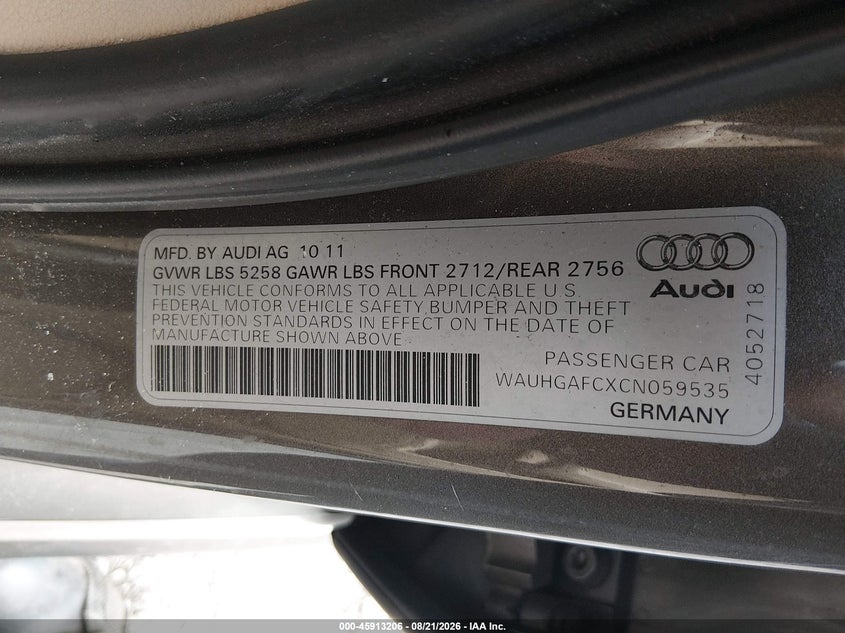 AUDI A6 2012 VIN WAUHGAFCXCN059535
