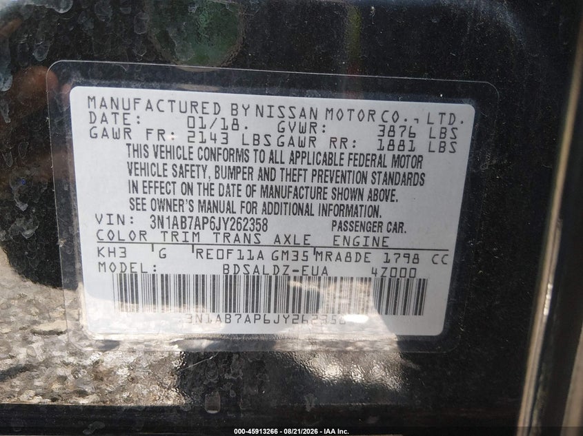 NISSAN SENTRA 2018 VIN 3N1AB7AP6JY262358