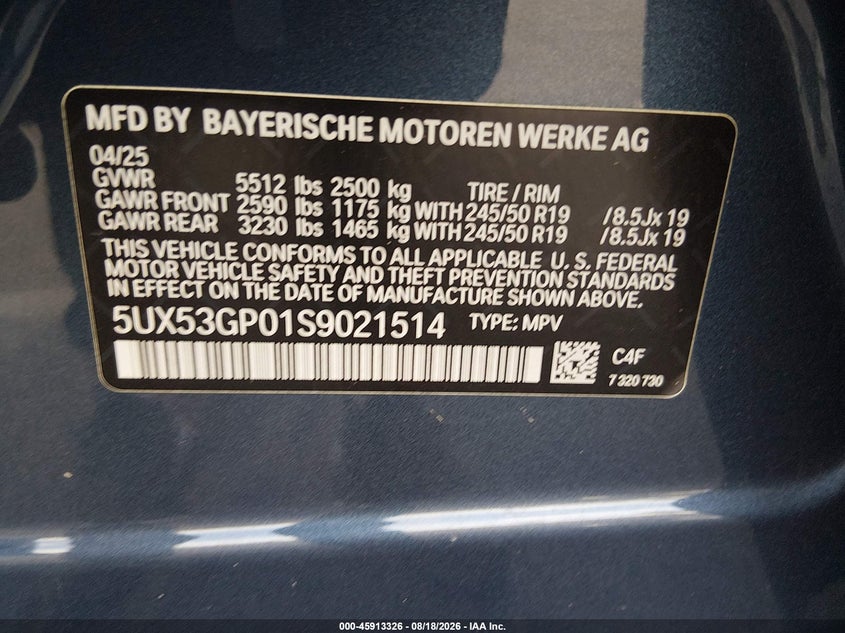 BMW X3 2025 VIN 5UX53GP01S9021514