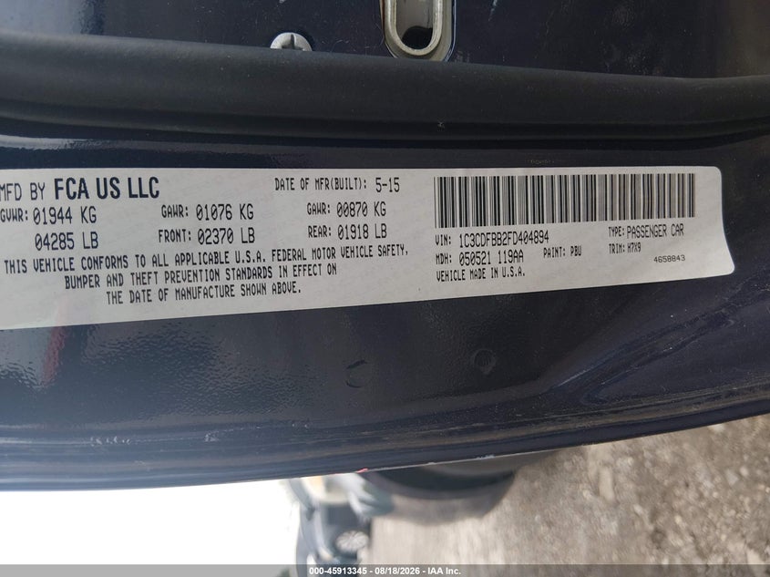 DODGE DART 2015 VIN 1C3CDFBB2FD404894