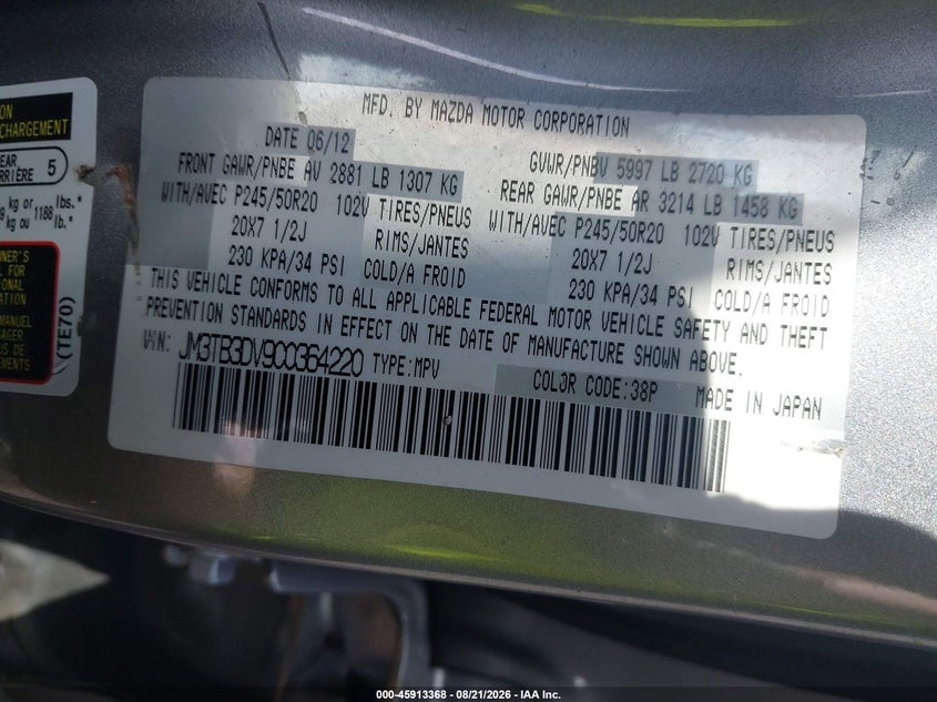 MAZDA CX-9 2012 VIN JM3TB3DV9C0364220