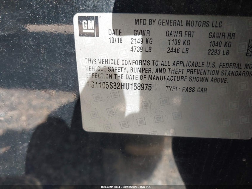 CHEVROLET IMPALA 2017 VIN 1G1105S32HU158975