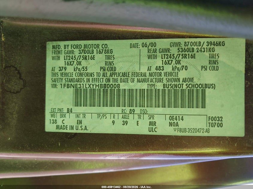 FORD E-350 SUPER DUTY 2000 VIN 1FBNE31LXYHB80008