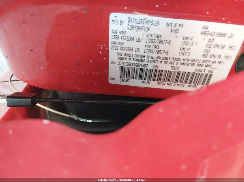 DODGE RAM 2500 2003 VIN 3D7KU28C63G821567