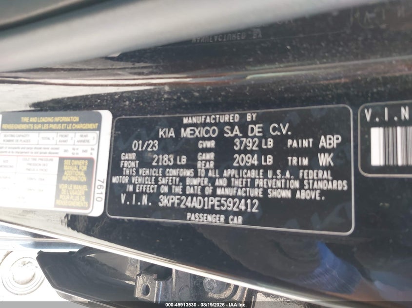 KIA FORTE 2023 VIN 3KPF24AD1PE592412