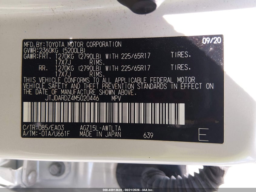 LEXUS NX 300 2021 VIN JTJDARDZ4M5020446
