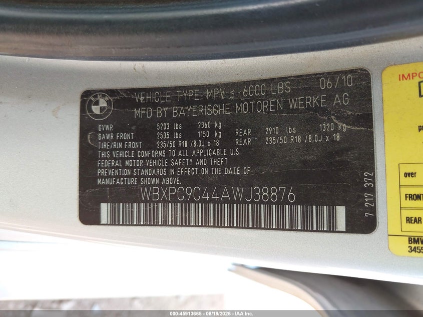 BMW X3 2010 VIN WBXPC9C44AWJ38876