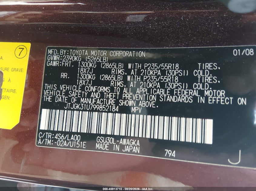 LEXUS RX 350 2009 VIN JTJGK31U799852184