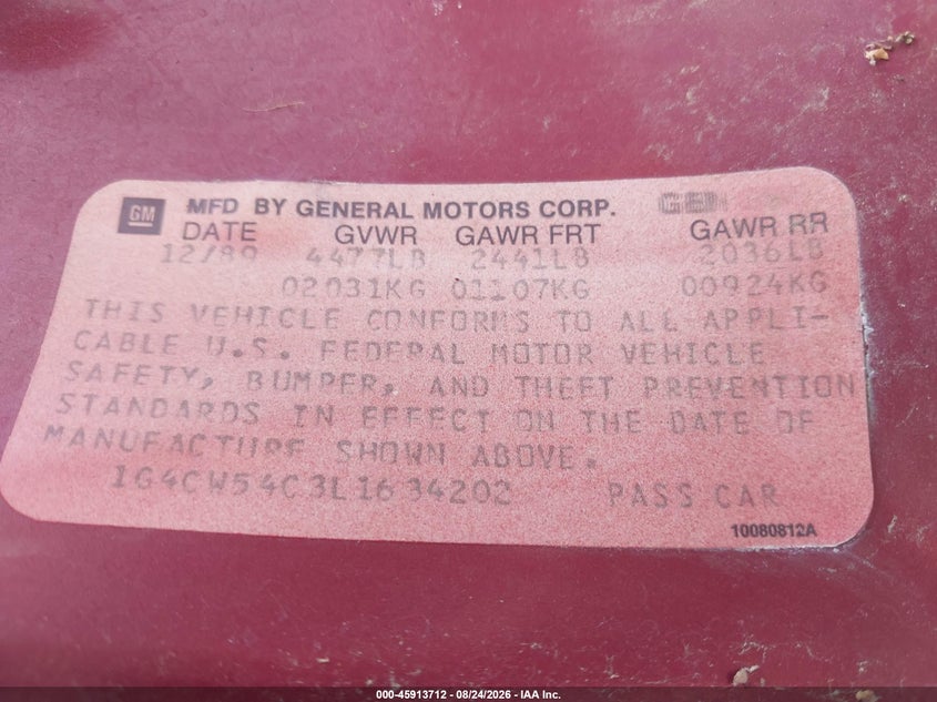 1990 BUICK ELECTRA SEDAN 3.8L V6 FI 12V F2