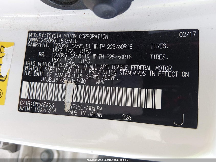 LEXUS NX 300H 2017 VIN JTJBJRBZ3H2062740