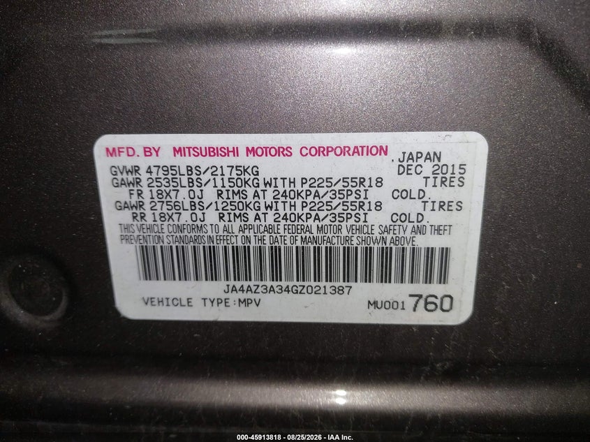 MITSUBISHI OUTLANDER 2016 VIN JA4AZ3A34GZ021387
