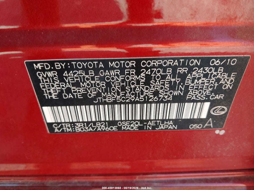 2010 LEXUS IS SEDAN 2.5L V-6 DI, DOHC, VVT, 204HP