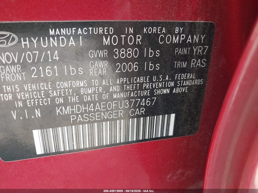 HYUNDAI ELANTRA 2015 VIN KMHDH4AE0FU377467