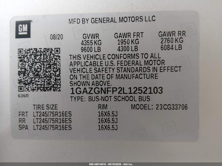 CHEVROLET EXPRESS PASSENGER 2020 VIN 1GAZGNFP2L1252103