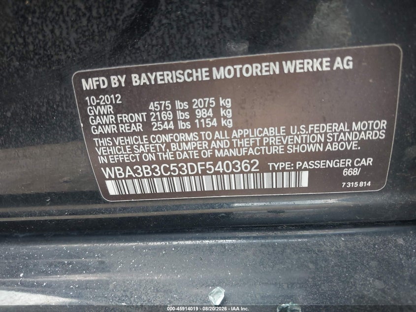 BMW 328I 2013 VIN WBA3B3C53DF540362