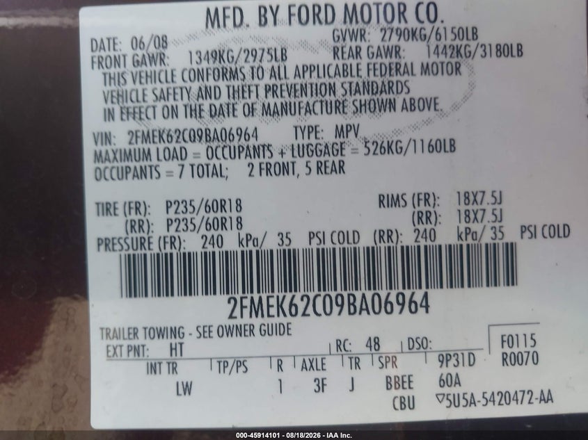 FORD FLEX 2009 VIN 2FMEK62C09BA06964